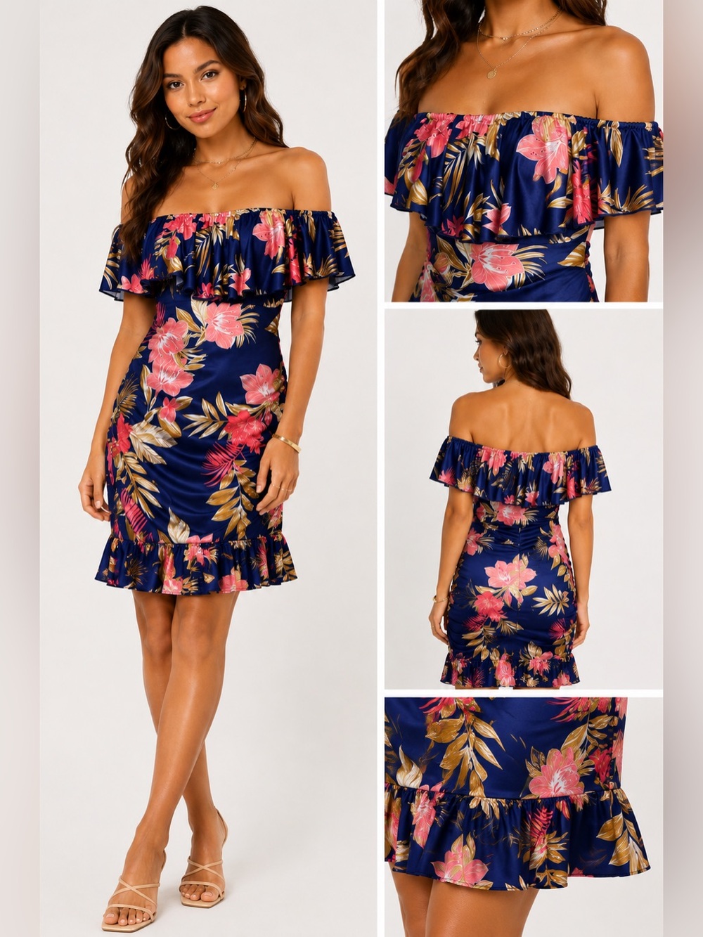 Navy Tropical Floral Off-Shoulder Bodycon Stretch Women's Dress